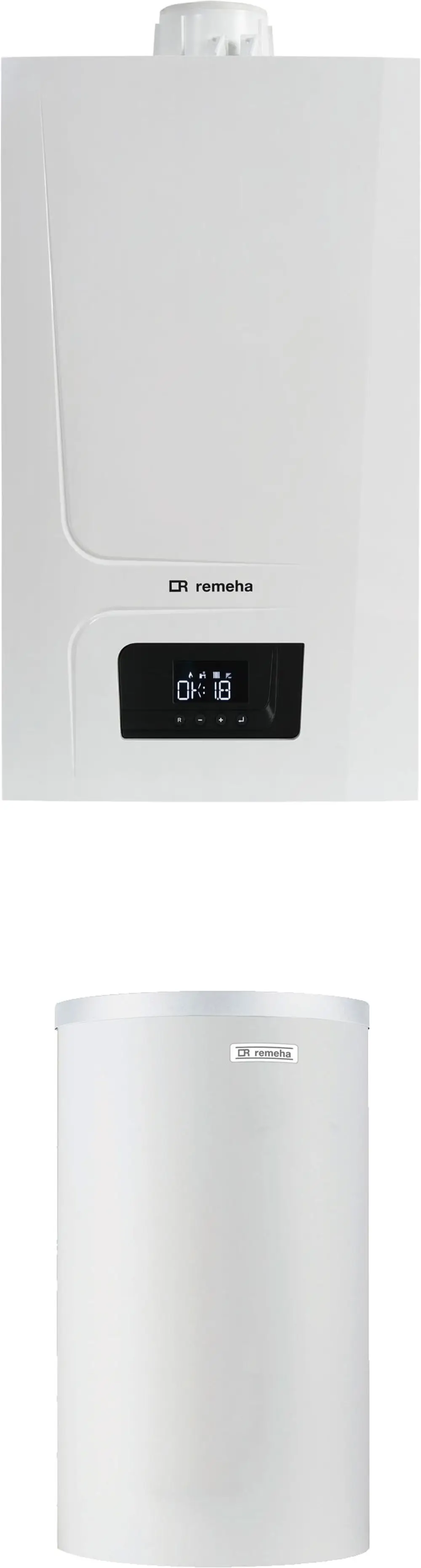 Remeha-Heizgerät in Weiß mit digitaler Anzeige und Bedienelementen sowie ein weißer Speicherbehälter, ebenfalls von Remeha, im Hintergrund.